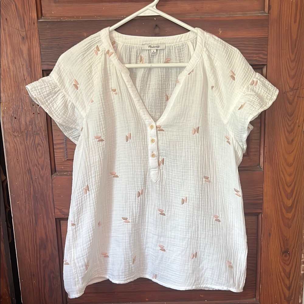 Madewell Embroidered Lightspun Ruffle-Sleeve Henley Top size M